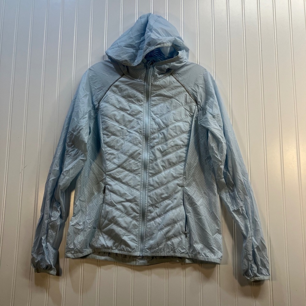 Zella Womens Light Blue Quilted Perforated Full Zip Hooded Running Jacket Medium